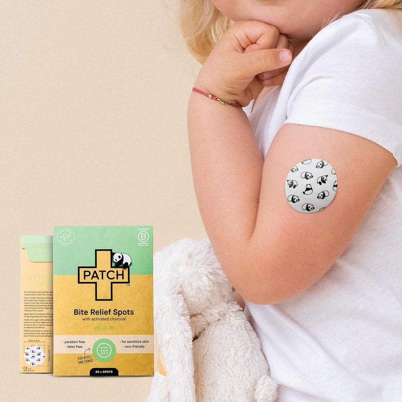 PATCH Bite Relief Spots, cute panda designed bamboo bandage dot with activated charcoal, great for sensitive skin, hypoallergenic, 30 pack - Image 5